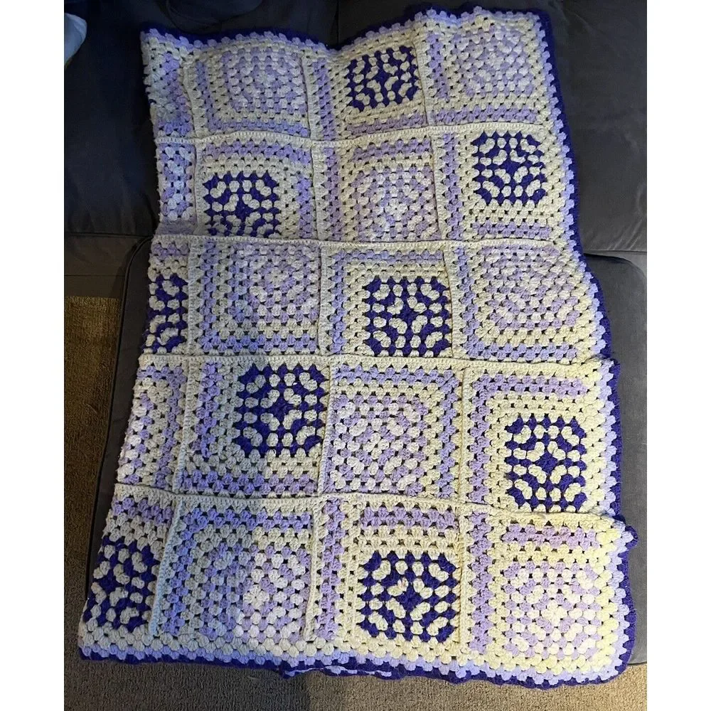 Vtg Purple White Crochet Handmade Afghan Throw Blanket Granny Square Style 48x64